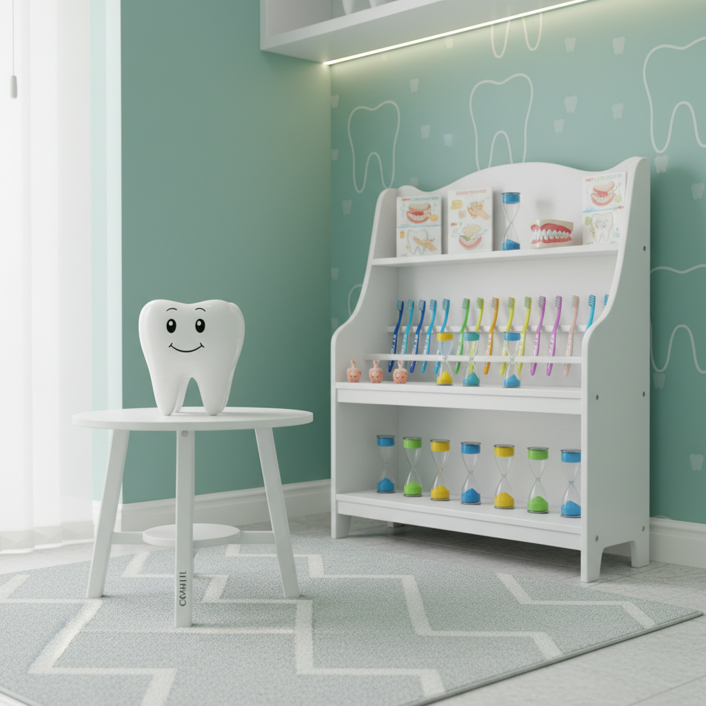 A clean, photographic realism image of a child-friendly dental corner designed for a stomatology clinic, featuring a small white shelving unit stocked with neatly aligned, colorful toothbrushes, sand timers, and illustrated tooth models showing proper brushing technique. The shelf stands against a mint-green accent wall with a subtle tooth-shaped pattern in a lighter shade. On the floor lies a soft, light-gray rug with simple geometric designs, and a low white table holds an oversized smiling tooth model. Soft, diffused daylight from an unseen window bathes the space, complemented by warm ceiling lights, creating an inviting yet clinical atmosphere. Captured from an eye-level angle with moderate depth of field, the composition balances professionalism with gentle color accents, underscoring preventive and general dentistry services in a welcoming Cahul clinic without any people.