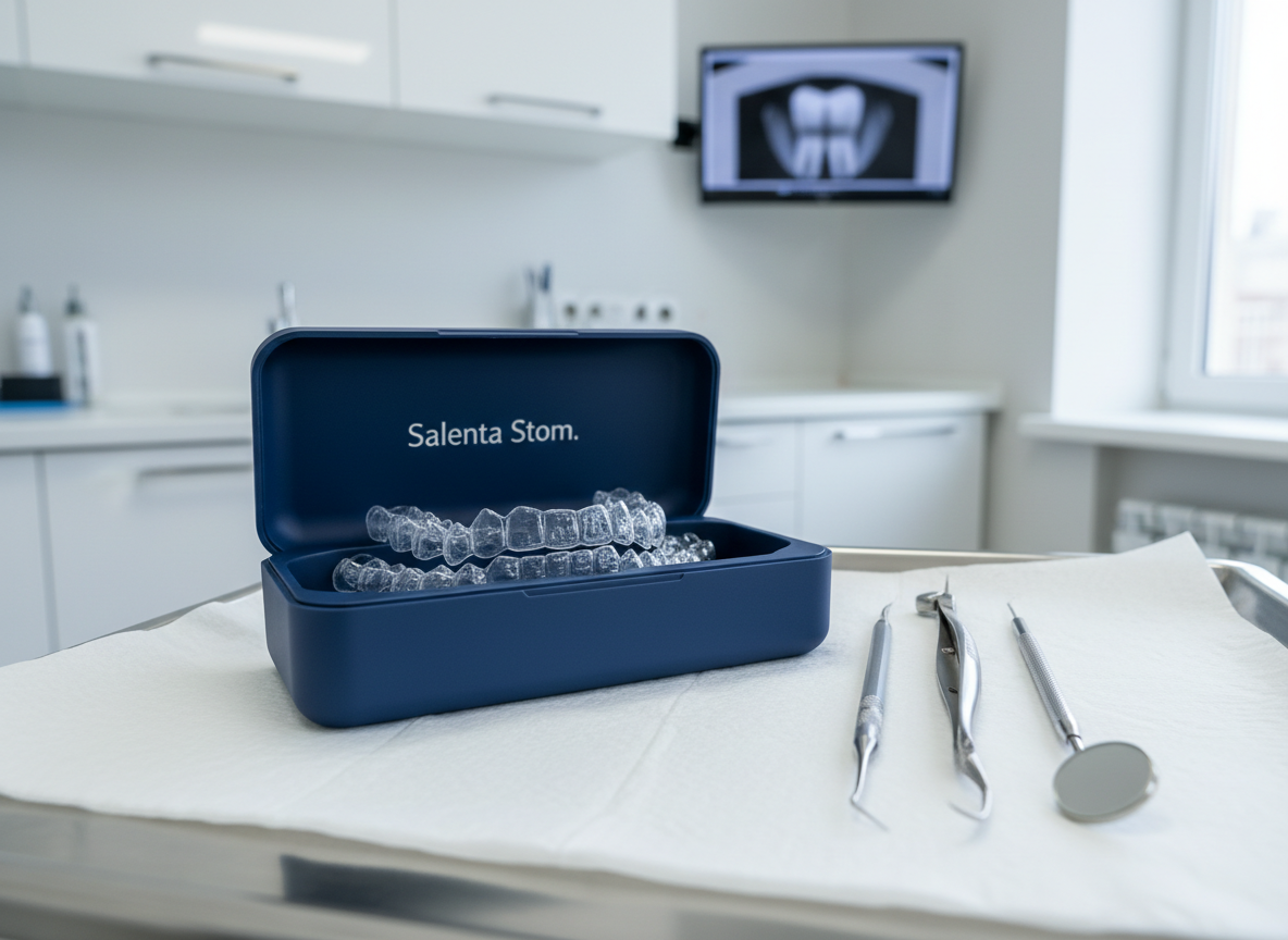 A detailed photographic realism image of a transparent orthodontic aligner set resting in an open, matte-blue protective case branded discreetly with “Salenta Stom.” The case sits on a spotless white dental tray cover beside a pair of stainless-steel orthodontic pliers and a small mirror tool, all aligned neatly. The tray is positioned within a modern clinic room featuring blurred hints of white cabinetry and a digital panoramic X-ray screen in the background. Cool, diffused overhead lighting combined with a touch of natural window light creates soft reflections on the clear aligner, highlighting its precise contours. Captured at a slightly elevated, close-up angle with shallow depth of field, the mood is highly professional, precise, and reassuring, emphasizing advanced orthodontic care in a clean, modern environment without people.